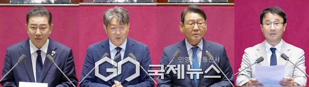 ▲국회 운영위원장 김병기·법사위원장 이춘석·문체위원장 김교흥·예결위원장 한병도 의원이 27일 국회 본회의장에서 위원장 선출에 대한 인사말을 하고 있다./사진=이용우 기자