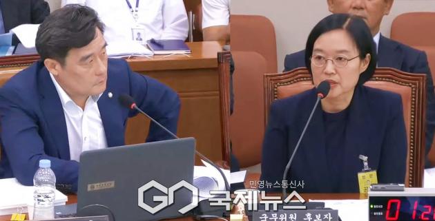 ▲한성숙 중소벤처기업부 장관 후보자는 15일 국회 산업통상자원중소벤처기업위원회 인사청문회에서 국민의힘 정동만 의원의 질의에 답변하고 있다./국회방송